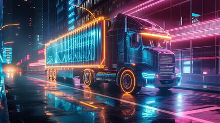 A futuristic lorry truck design featuring a container blueprint depicted as a vibrant neon hologram, brought to life through immersive 3D rendering, showcasing advancements in transportation technolog