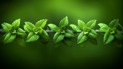 Wall Mural - leaves drip with water droplets; background softly blurred