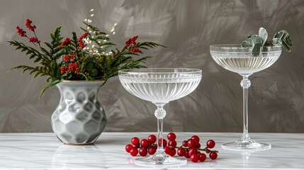 Poster -  Two wine glasses atop a table, adjacent to a vase brimming with red berries and lush greenery