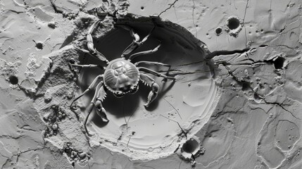  A monochrome image of a spider on a rock's surface, featuring a central hole