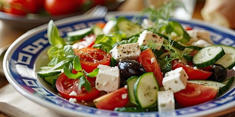 Wall Mural - Greek Salad served in summer cafe in rustic plate