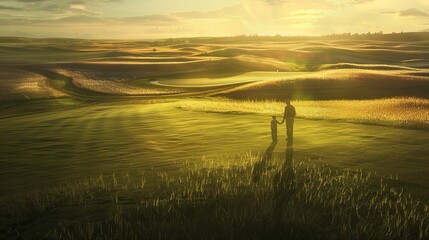 Wall Mural - two shadows representing father and son, walking together on a lush golf course.