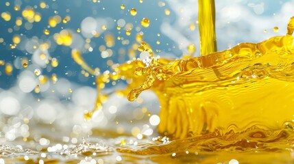 Wall Mural -  A vivid close-up of a yellow liquid spilling from a yellow cup against a backdrop of a blue sky