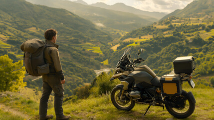 Traveler with motorcycle admiring mountain landscape