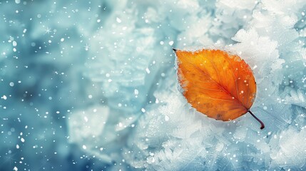 Sticker -  A lone orange leaf atop snow-covered ground against a backdrop of blue and white