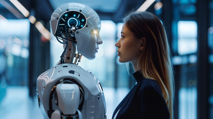 Close encounter between a young Caucasian woman and a sophisticated white robot, exploring the bond between human and artificial intelligence in a modern setting