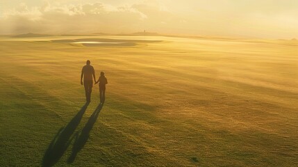 Wall Mural - two shadows representing father and son, walking together on a lush golf course.