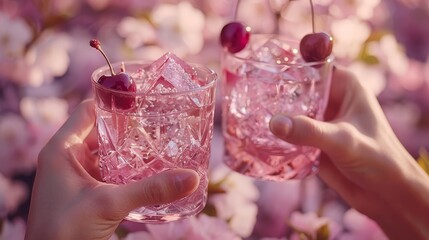 Poster -  A tight shot of two individuals, each holding a glass filled with ice and a cherry perched atop its rim Pink blossoms grace the background