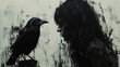 A dark and moody painting depicting a woman and a raven facing each other, set against a blurred, rainy background.