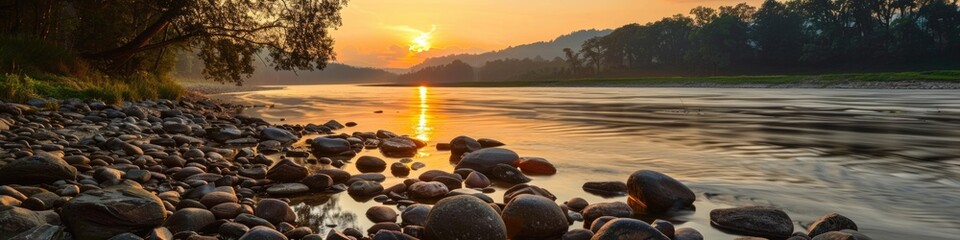 Wall Mural - Nature River. Sunset Glow on Forest River with Stones Along Shores