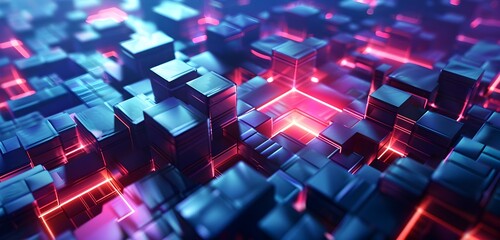 Abstract digital technology background with glowing holographic maze and cubes on dark blue background, futuristic design concept for banner or presentation of computer science, data transfer