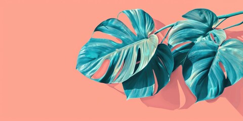 Summer Leaves. Beautiful Botanical Philodendron tree branch on Coral Color Background
