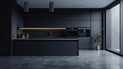 Sticker - Modern Lifestyle. Dark Matte Kitchen Room Interior Design in 3D Rendering