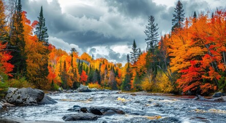 Sticker - Nature Fall. Magnificent Autumn Foliage in Jacques Cartier River Park, Quebec, Canada
