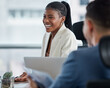 © peopleimages.com - Meeting, business and black woman in boardroom talking for discussion, planning project or listening. Corporate company, employees and female consultant in office for collaboration, ideas or teamwork