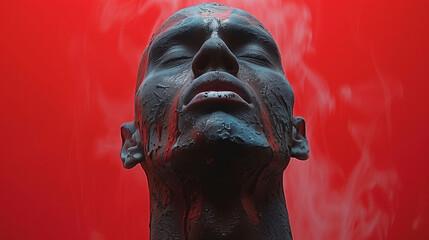 Wall Mural - Close-up of a person's face covered in glossy black substance against a red background, creating a dramatic and intense visual effect.