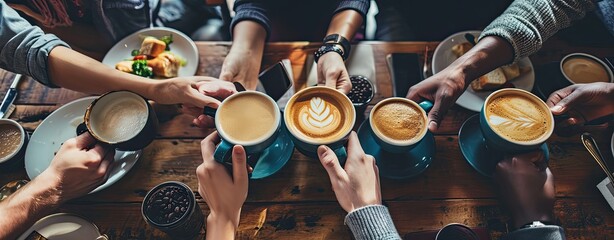 Canvas Print - Friends drinking coffee together in cafe of restaurant