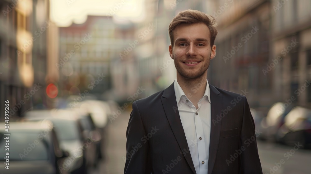 portrait of a handsome smiling young businessman boss in a black suit ...