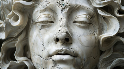 Wall Mural - Close-up of a weathered marble sculpture depicting a detailed face with intricate hair details, showing signs of aging and erosion.