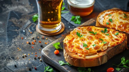 Wall Mural - Welsh Rarebit with beers in a mouthwatering food photography shot