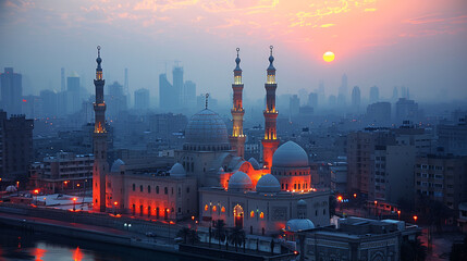 Wall Mural - A panoramic view of a city at sunset, featuring prominent mosque domes and minarets against a backdrop of modern skyscrapers.