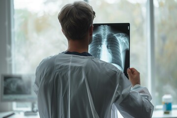  Back view of doctor looking at X-ray film