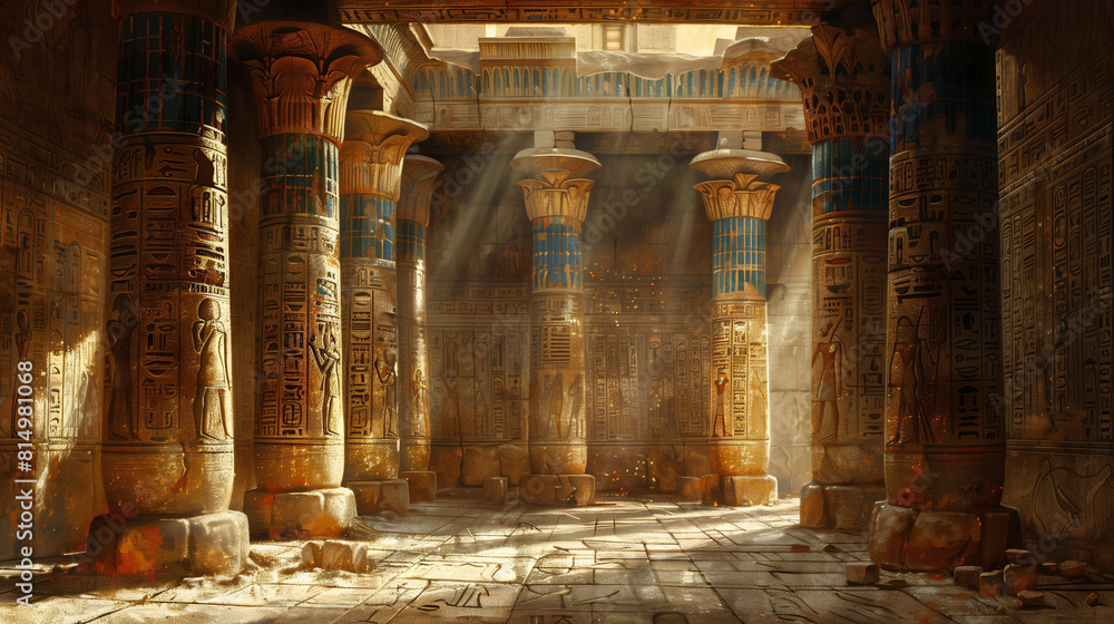 Sunlight streams through the columns of an ancient Egyptian temple ...