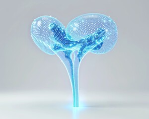 3D illustration of a pair of kidneys made of tiny glowing blue dots.