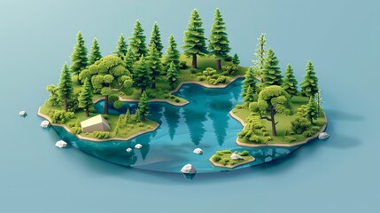 Wall Mural - A 3D isometric illustration captures the essence of a lake environment.