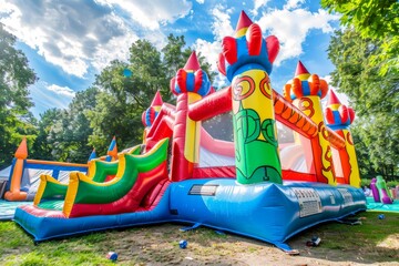 Wall Mural -  Colorful inflatable castles and slides in the park with water
