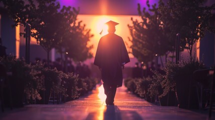 Poster - A lone graduate stands on a beach, their diploma held high as they watch the sun rise on a new chapter of their life.
