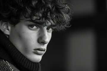 Black and white portrait of a thoughtful young man with curly hair, staring intently