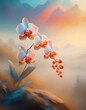 Tranquility image of an ethereal orchid set against a serene, misty mountain landscape, nature-themed designs, spa ads, and wellness content, orchid's delicate beauty and peaceful surroundings