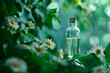 © Андрей Прилуцкий - Bottle of chamomile tincture sits amidst blurred green leaves, with fresh chamomile flowers beside it, evoking natural tranquility.