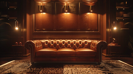 Poster - A sleek leather sofa basking in the warm glow of track lighting, beckoning you to sink into its comfort.