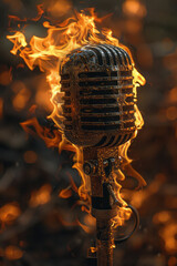 Aufkleber - Stylized image of a microphone enveloped in flames, illustrating the fiery passion of rock vocal performances,