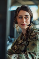 Wall Mural - A military woman seamlessly transitions to a call center environment, demonstrating professionalism and adaptability
