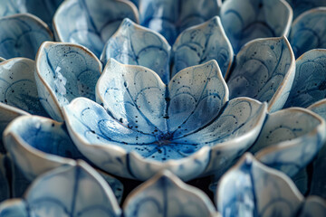 Aufkleber - Integration of Dutch Delftware motifs into a modernist palette of blue and white abstract forms,