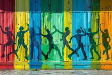 Aufkleber - Electric green and blue panels with cut-out shapes of dancing figures in vibrant contrasting colors,
