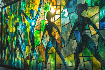 Poster - Electric green and blue panels with cut-out shapes of dancing figures in vibrant contrasting colors,