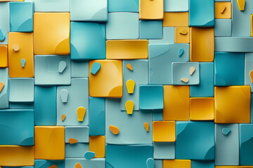 Aufkleber - Abstract composition of bright turquoise and sunny yellow blocks with floating guitar pick icons,