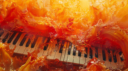 Fototapete - High-energy backdrop of explosive orange and red shapes, interspersed with abstract musical keys,