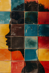 Fototapete - Brightly colored tiles in pop art style, featuring minimalist icons of pop singers' silhouettes.