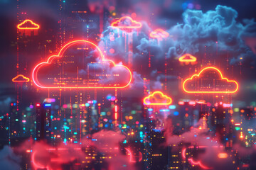 Fototapete - Luminous neon grid over a dark background, punctuated with icons of cloud-shaped speech bubbles,