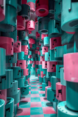 Fototapete - Retro-futuristic pink and teal checkerboard, adorned with stylized musical note symbols,