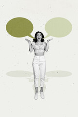 Canvas Print - Trend artwork sketch image photo collage of speech bubble textbox mind cloud black white attractive lady stand talk say raise up hands