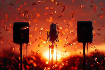 Aufkleber - Radiant orange sunset background with shadowy microphone stands and fluttering tape ribbons,