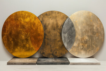 Aufkleber - Three large, bold circles in muted gold, silver, and bronze on a white canvas, representing rich, resonant tones,