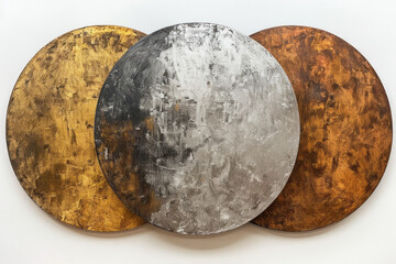 Aufkleber - Three large, bold circles in muted gold, silver, and bronze on a white canvas, representing rich, resonant tones,