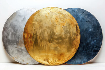Aufkleber - Three large, bold circles in muted gold, silver, and bronze on a white canvas, representing rich, resonant tones,